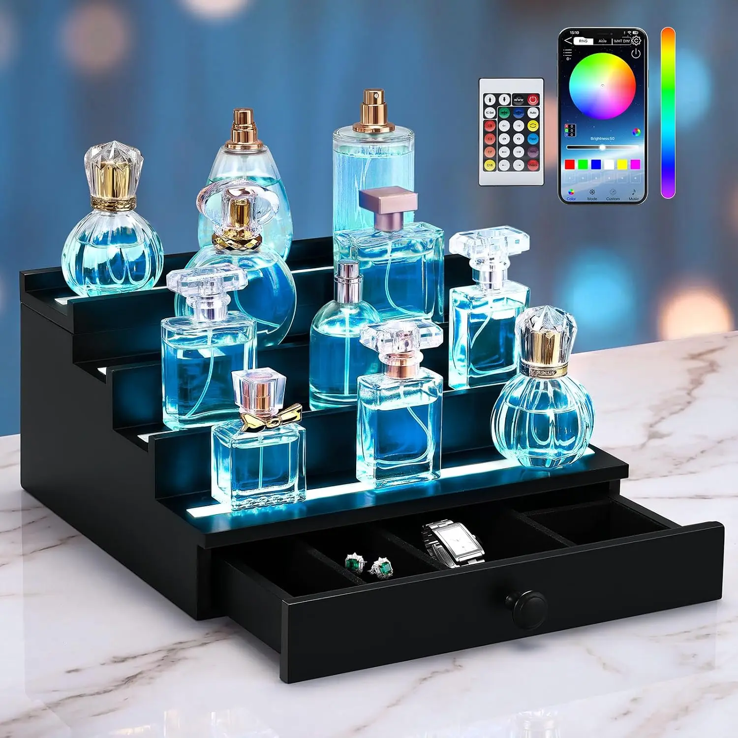 LED-Lighted Cologne Organizer for Men: 4 Tier  Perfume Stand | Multi Lighting Mode Perfume Organizer w/APP & Remote Control - Perfume Shelf w/Drawer -  for Men
