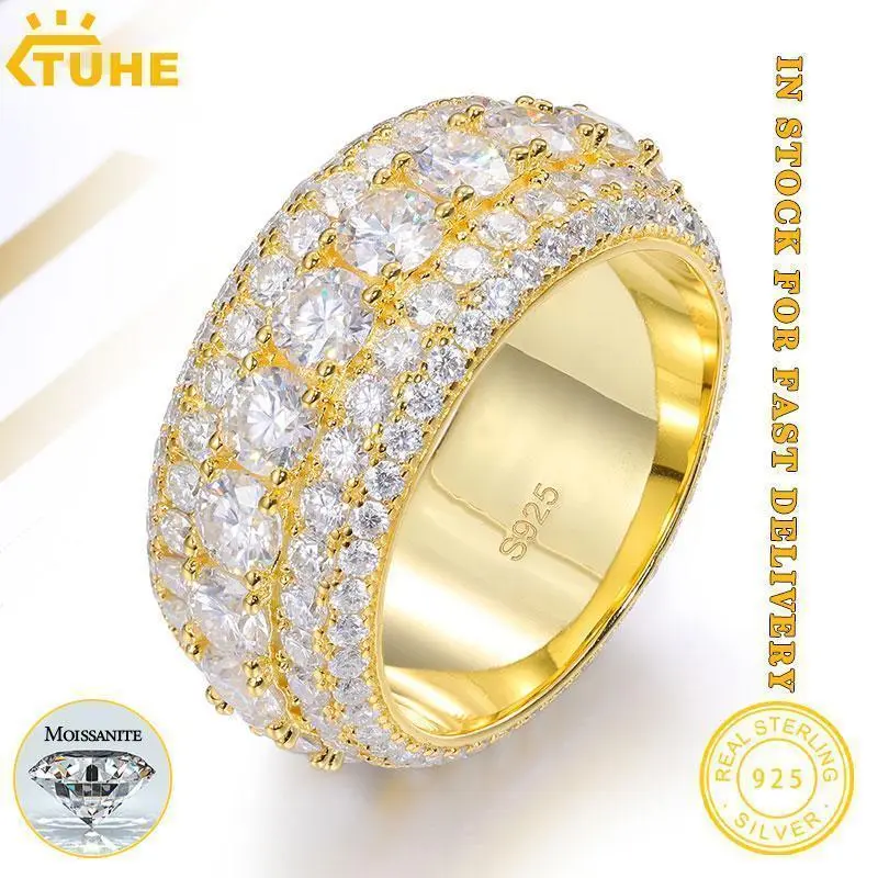 TUHE Fine S925 Silver Unisex Hip Hop Pave Setting VVS1 Moissanite Rings With Certificate, Hip Hop Shine Jewelry For Men