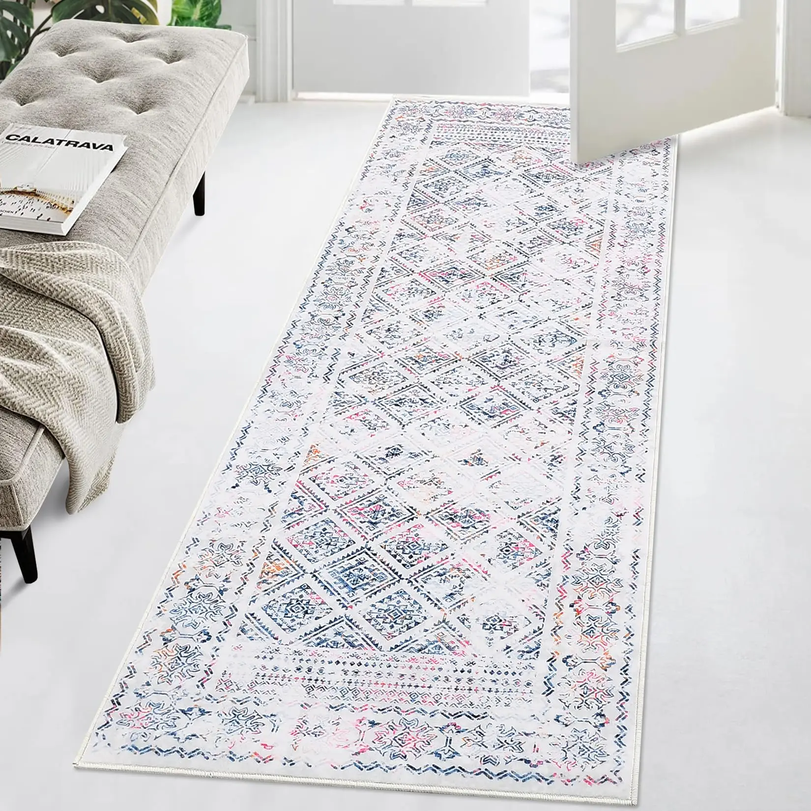 GARVEEExplore Washable Rugs Collection: Boho & Moroccan Styles for Living Room & Bedroom. Available in Sizes 2x6 to 9x12 and Colors Beige, Blue, Grey, Multi. Features Distressed, Non-Slip, Low Pile, Stain Resistant, Soft Materials.