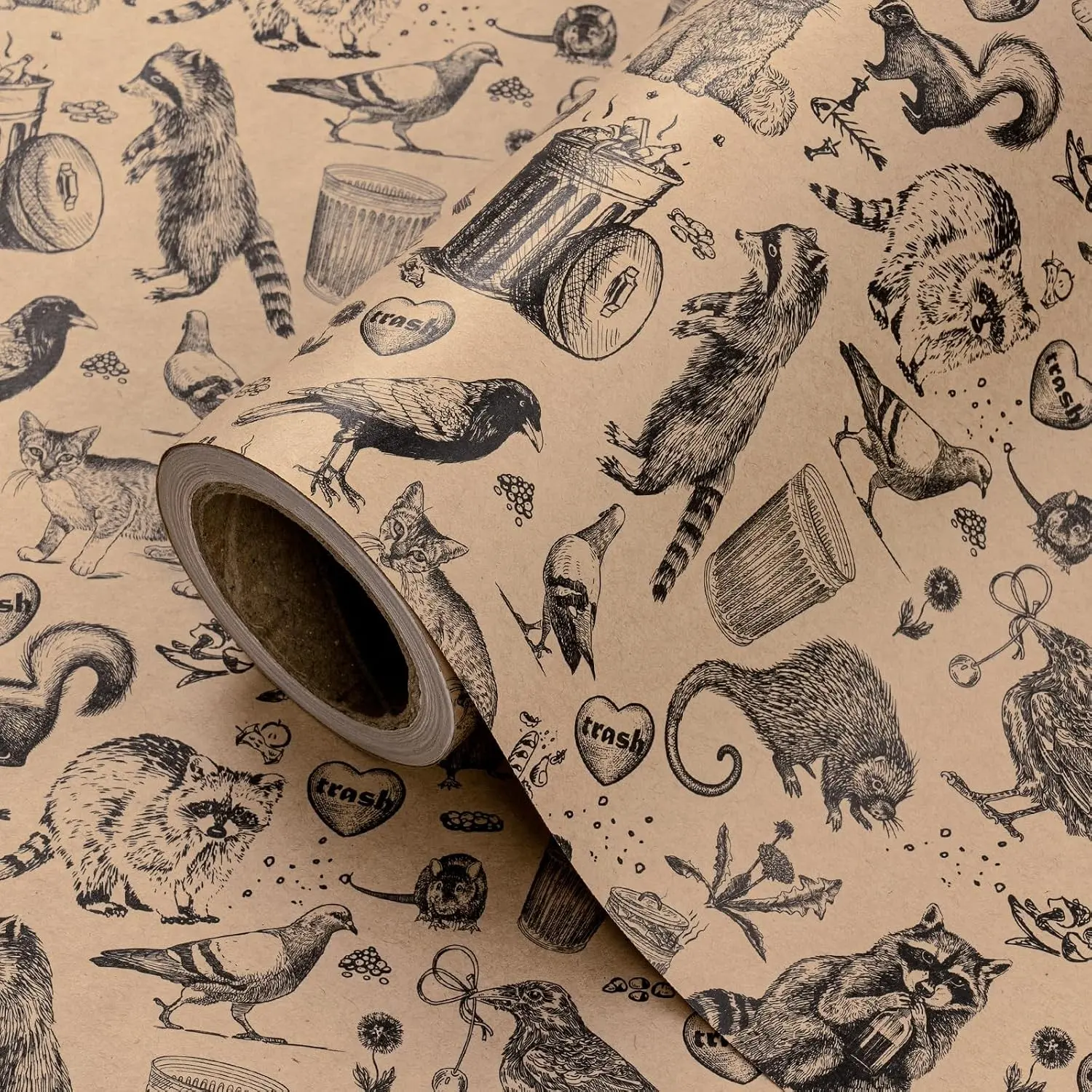 Kraft Animal Wrapping Paper Roll - Mini Roll - 17 Inch x 16.5 Feet - Vintage Funny Trash Friends Opossum Rat Crow Cat Skunk Mouse Design Perfect for Birthday, Party, Holiday
