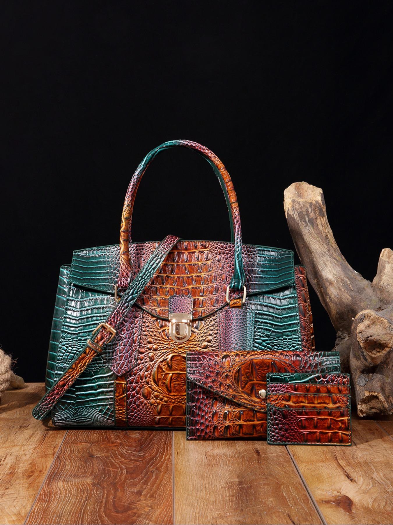 Fashionable Crocodile Embossed Handbag & Long and Short Wallet Set, Large Capacity Shoulder Bag Set, Casual Trendy Versatile High-quality Daily Commuting Bag Set for Women Purse
