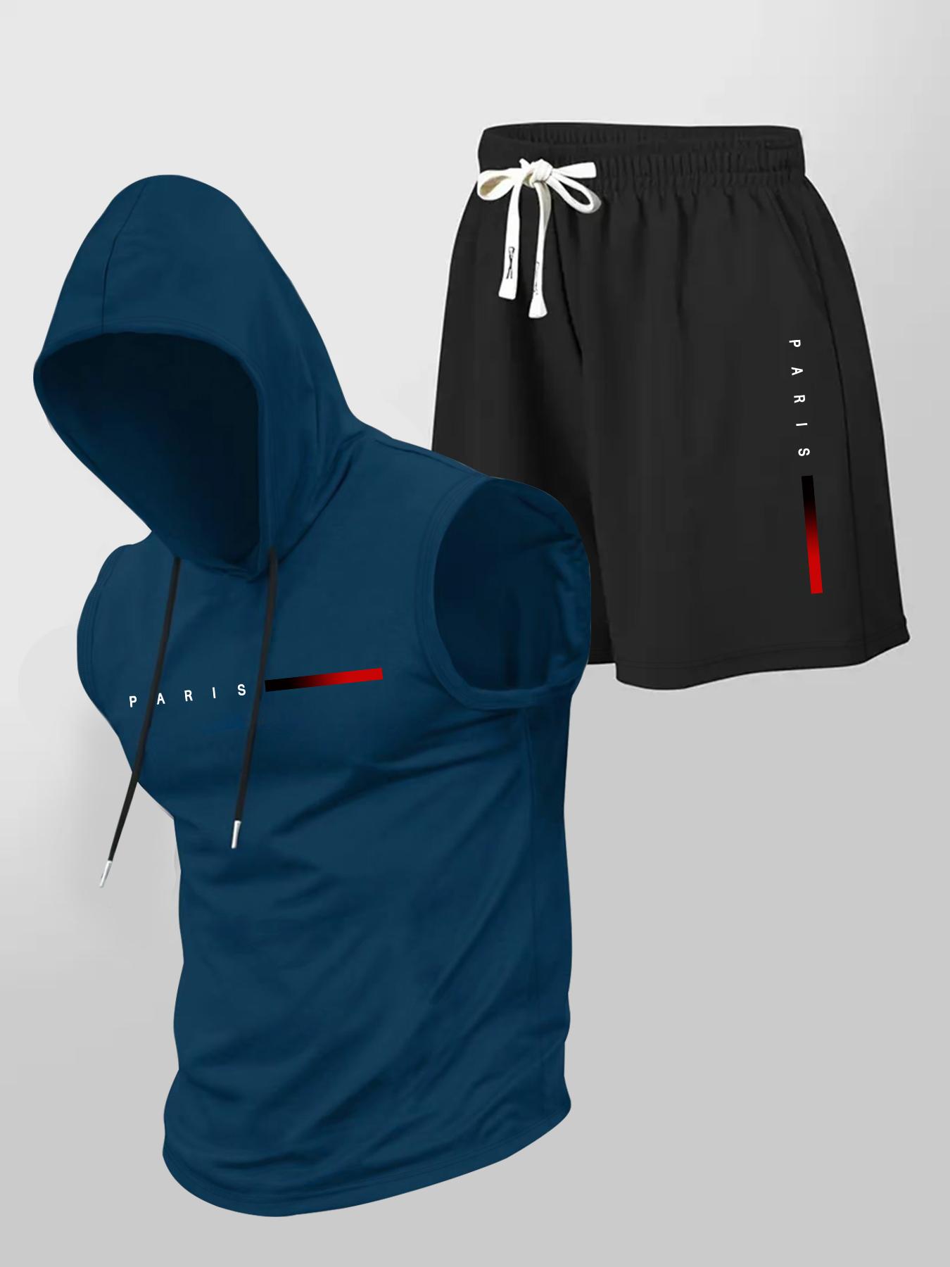 Two-Piece Set Men's Letter Print Hooded Vest & Drawstring Waist Shorts Set, Regular Fit Sleeveless Top & Track Shorts, Casual Summer Clothes Set for Outdoor Sports, Sports Clothing Set