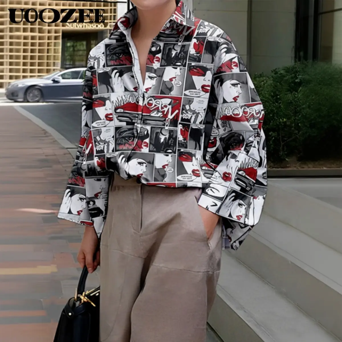 UOOZEE Women's Vintage Comic Print Shirt, Oversized Long Sleeve Button Down Blouse, Boxy Street Style Graphic Top in Lightweight Polyester, Baggy, Adjustable, Smart Casual, Drape, Garments, Wide Leg, Breathable