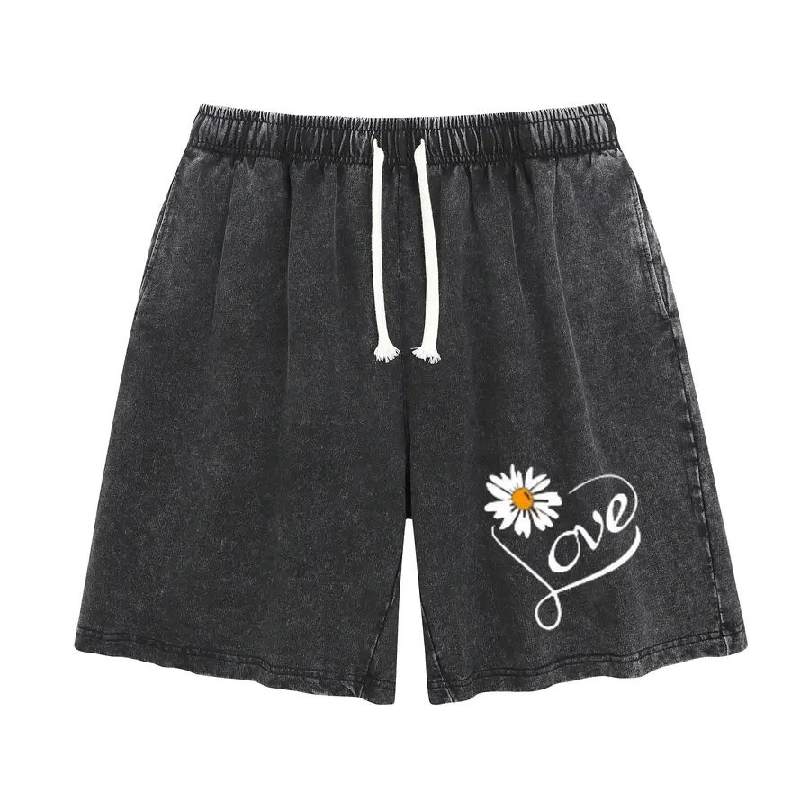 Wayii Unisex Black Acid Wash Heart Love Daisy Print Casual Shorts - Summer Drawstring Elastic Waist Baggy Shorts With Side Pockets, Aesthetic Relaxed Fit Vacation Loungewear Shorts,cuteoutfits,coquettefits,streetstyle