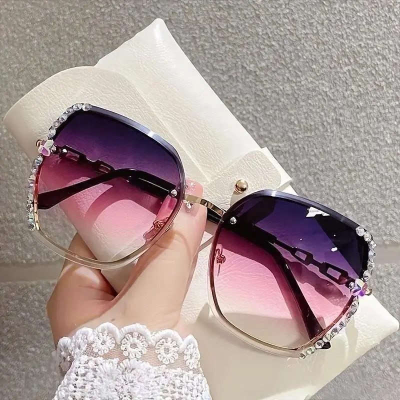 Rimless Rectangle Chic Sunglasses for Women, Lightweight Metallic Frame with Rhinestones, Glamour Magic Purple-Pink Gradient Lenses for Daily Wear, Rhinstones, Casual, Fashionable Touch, Outdoor Sports