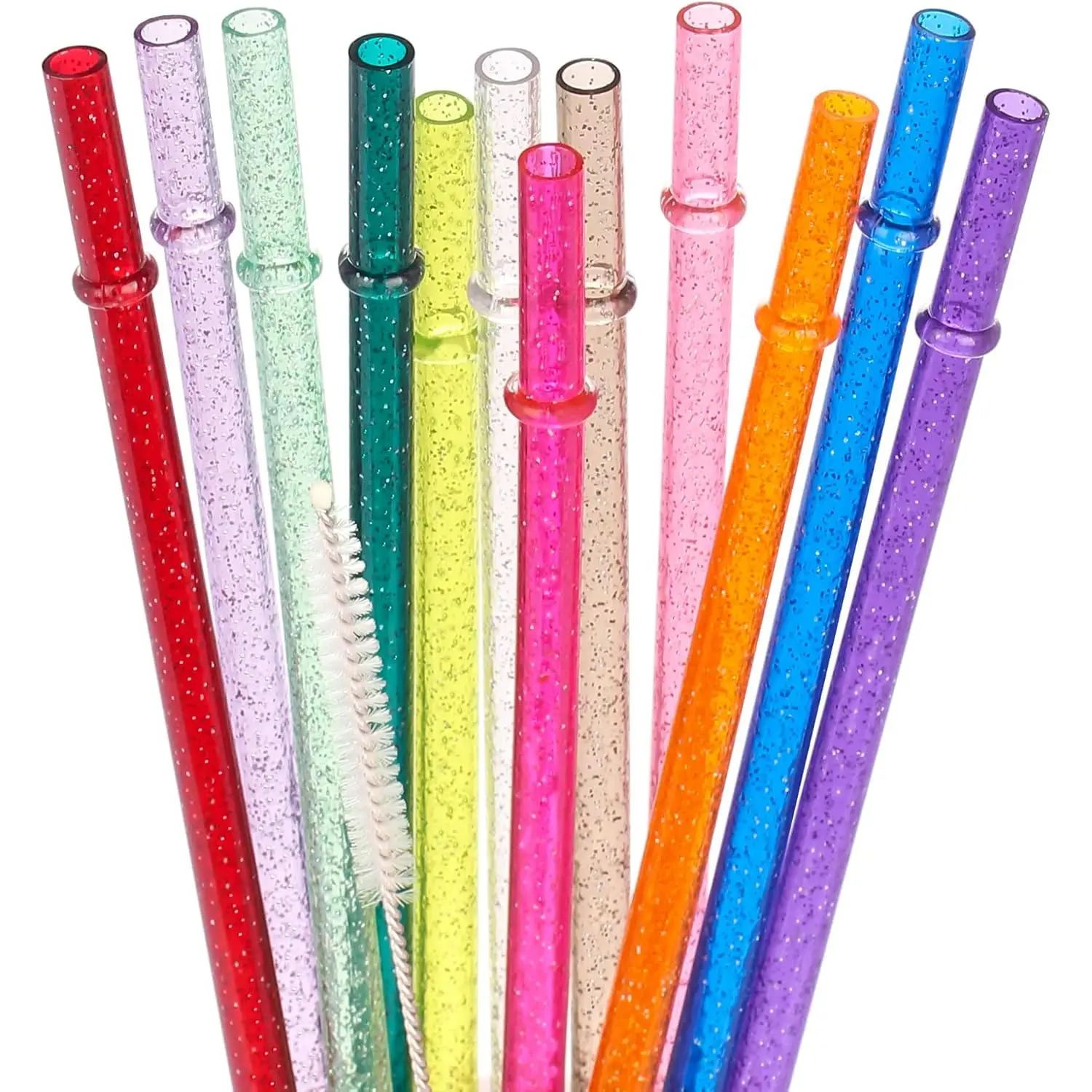 11 Inch  Tritan Plastic Straws, Glitter Sparkle Drinking Straws for 24 oz-40 oz Mason Jars/Tumblers,Set of 12 with Cleaning Brush(12color,11inch)