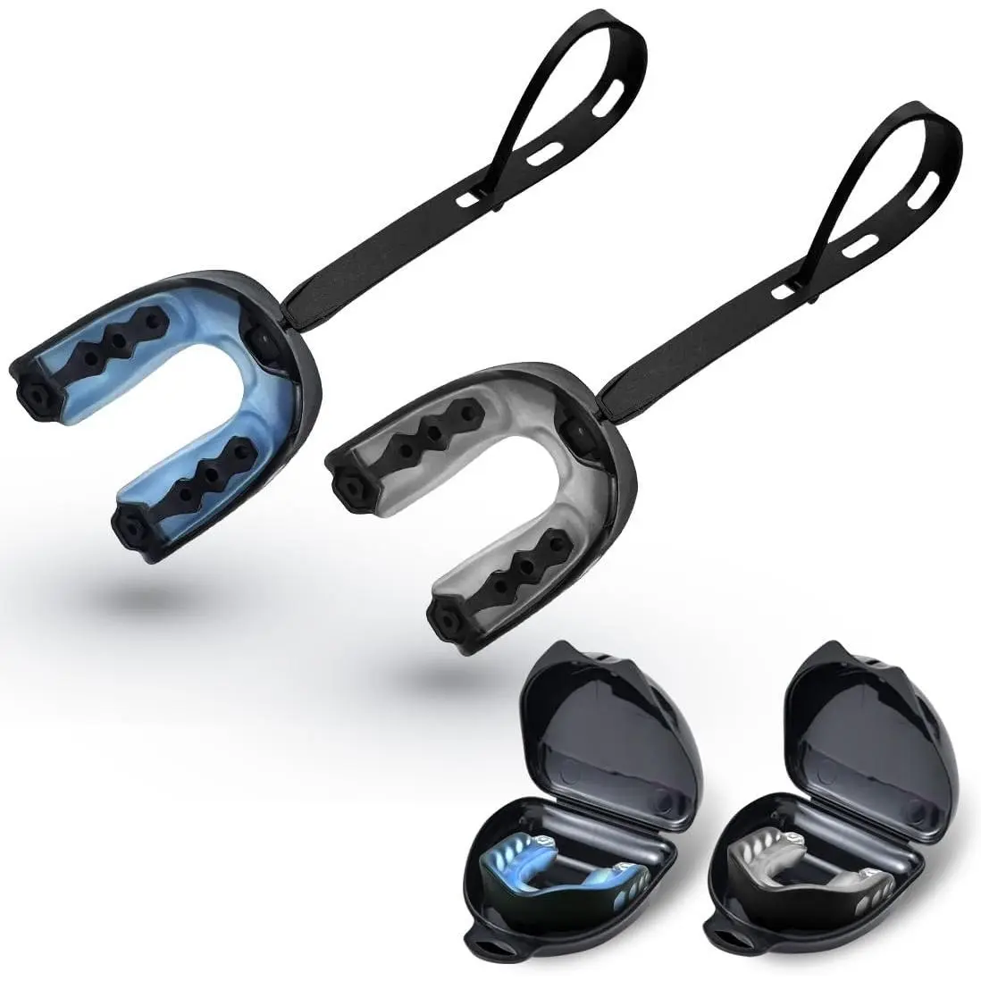 Football Mouth Guard, 2Pcs Mouthpiece Football, Youth Sports Mouth Guard with Strap Mouthguards for Youth and Adult Athletes, Hockey, Rugby, Boxing and Lacrosse,Black+Blue
