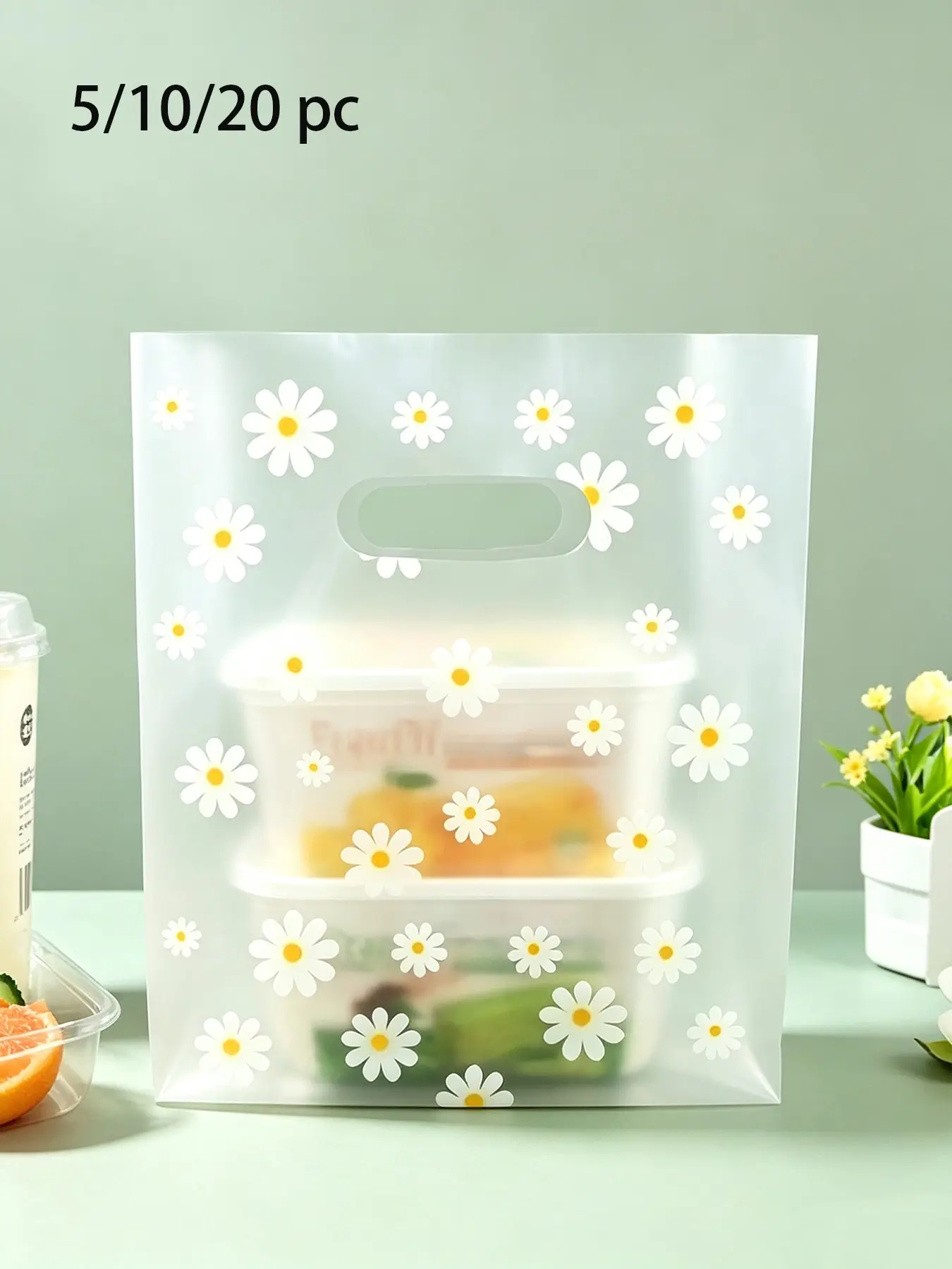 Daisy Pattern Four-Handle Handbag, Frosted Semi-Transparent Plastic Packaging Bag, Portable Handle Storage Bag, Gift Wrapping Bag