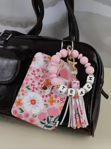 Mother's Day Gift Floral Pattern Wrist Keychain Card Holder, Teach Beaded Bracelet Design, Multiple Slots for Keys & Cards, Perfect Teacher Gift, Wristlet Keychain Lanyard, Key Organizer Keychain, Keyrings