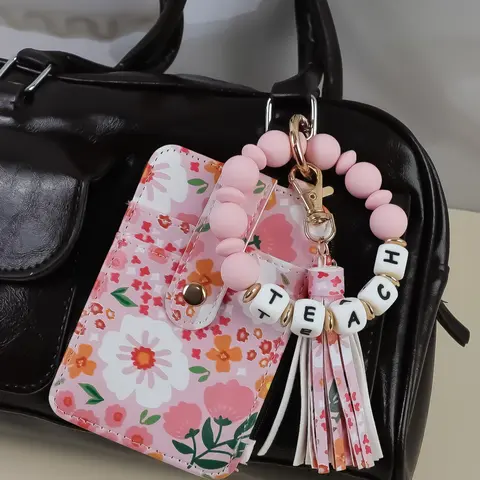 Mother's Day Gift Floral Pattern Wrist Keychain Card Holder, Teach Beaded Bracelet Design, Multiple Slots for Keys & Cards, Perfect Teacher Gift, Wristlet Keychain Lanyard, Key Organizer Keychain, Keyrings