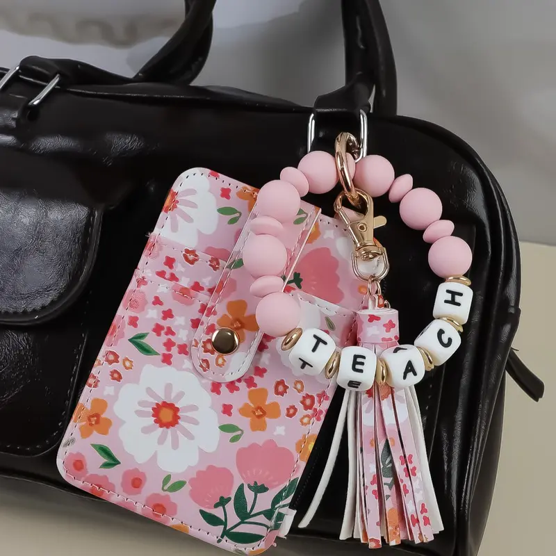 Mother's Day Gift Floral Pattern Wrist Keychain Card Holder, Teach Beaded Bracelet Design, Multiple Slots for Keys & Cards, Perfect Teacher Gift, Wristlet Keychain Lanyard, Key Organizer Keychain, Keyrings