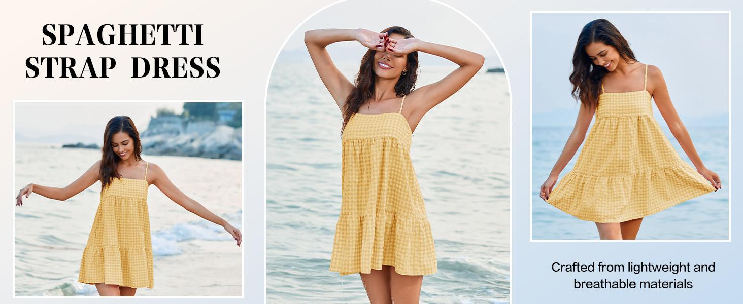 Imily Bela  Womens Cute Plaid A-line Summer Beach Dresses Spaghetti Straps Ruffle Hem Casual Mini Dress with Side Pocket