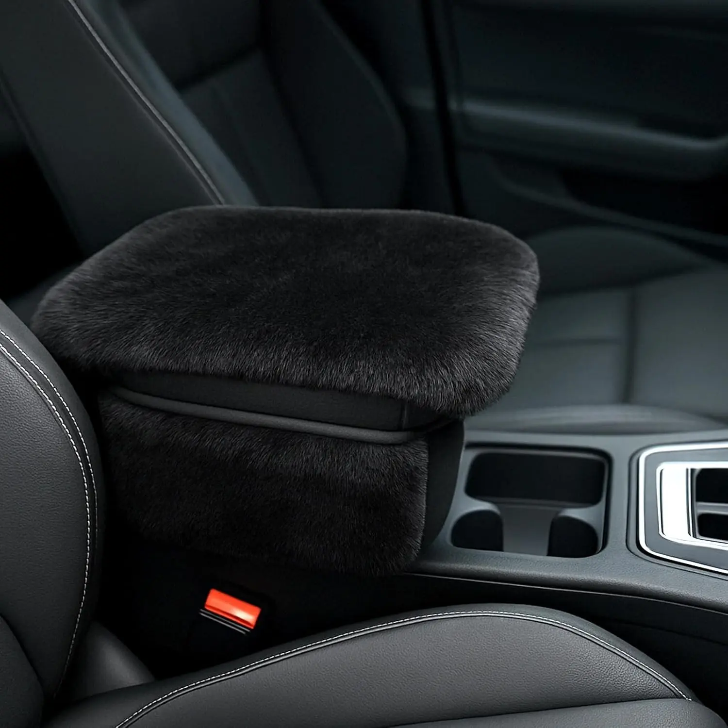 Car Armrest Cover with Side Pockets – Plush Fuzzy Fur Center Console Armrest Cushion Pad, Universal Winter Car Interior Protector, Soft Arm Rest Cover with Storage for Women & Men (BLACK)