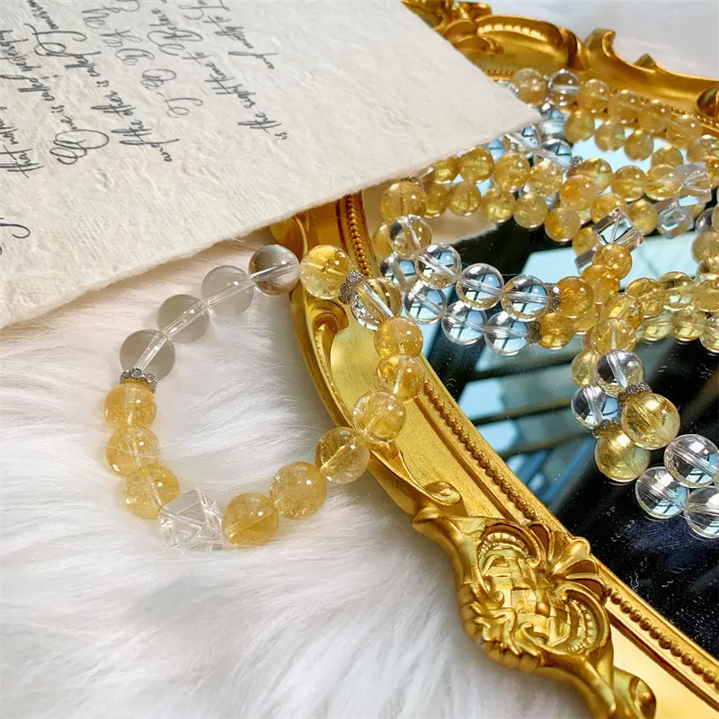 「Honey Cube Glow」DIY Designed Mixed Citrine & Clear Cube Quartz Beaded Bracelet, Niche Elegant Fashion Wrist Jewelry for Women