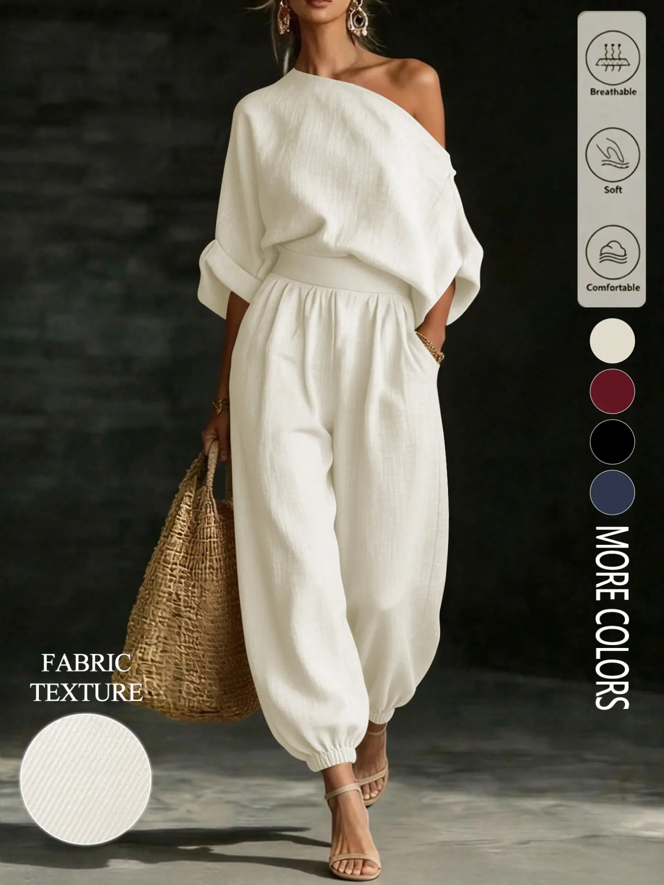 Women's solid color casual asymmetrical neck top paired with elastic waist trousers, a country-style two-piece set, Everyday suitable for daily commuting and all seasons.