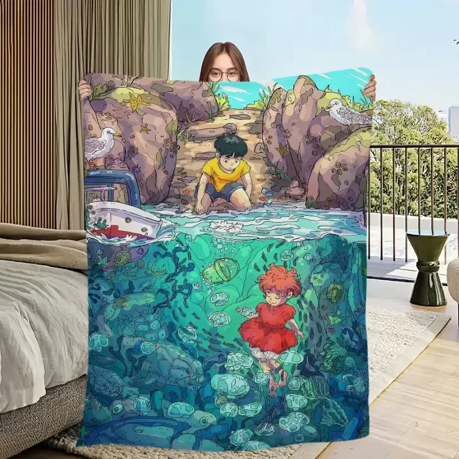 Ponyo Movie Classic Anime Art Graphic Throw Blanket - Soft, Fuzzy, Cozy, HD Print, Lightweight All Season Blanket, Multi-Sizes for Sofa, Indoor/Outdoor Use, Birthday Holiday Gift for Anime Fans