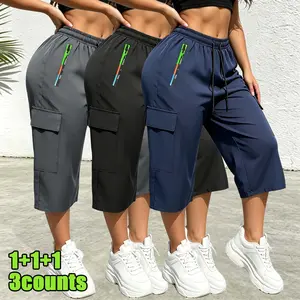 Trendy Solid Color Women Capri Cargo Pants with Elastic Drawstring Waist, Colorful Zipper Design and Roomy Pockets, Ideal for Outdoor Activities, Workout and Everyday Fashion