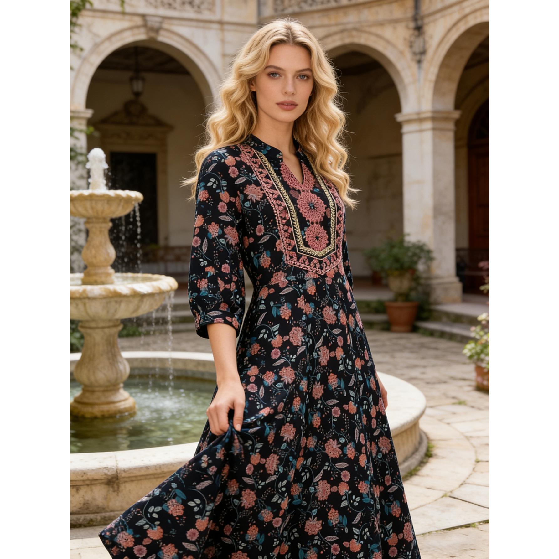 Boho Floral Embroidery Maxi Dress Elegant V-Neck Flowy Gown | Size Inclusive S-4XL Oversize | Perfect for Vacation, Church, Family Photos & Summer Weddings