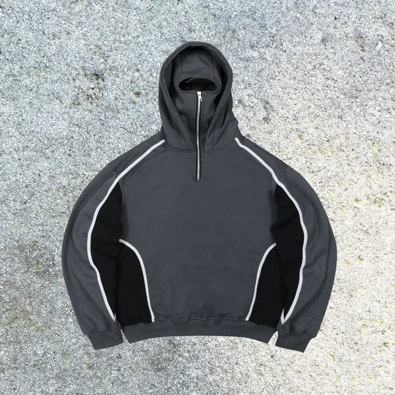 Trendy, fashionable, unique street-style loose-fitting double-hooded sweatshirt with a distinctive color-blocking design for autumn