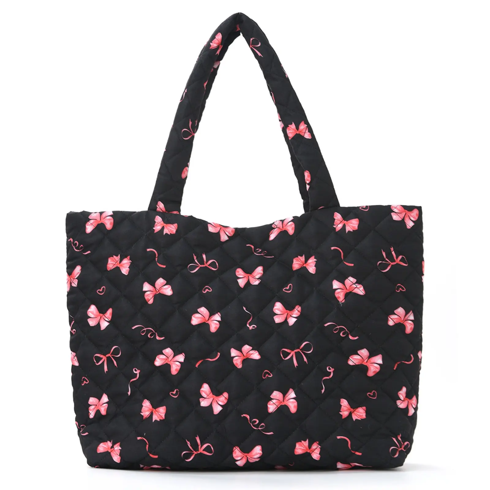 Women Quilted Tote Bag High Capacity Pink Bow Pattern Shoulder Purse Fashion Down Cotton Handbag for Daily Shopping School Travel, Shoulder Bag, Shopping Bags