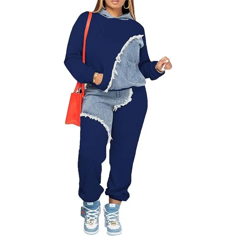 Women's Long Sleeve Casual Hooded Sweatshirt + Pants Two-Piece Set with Pockets Patchwork Denim Tracksuit Clothes Womenswear