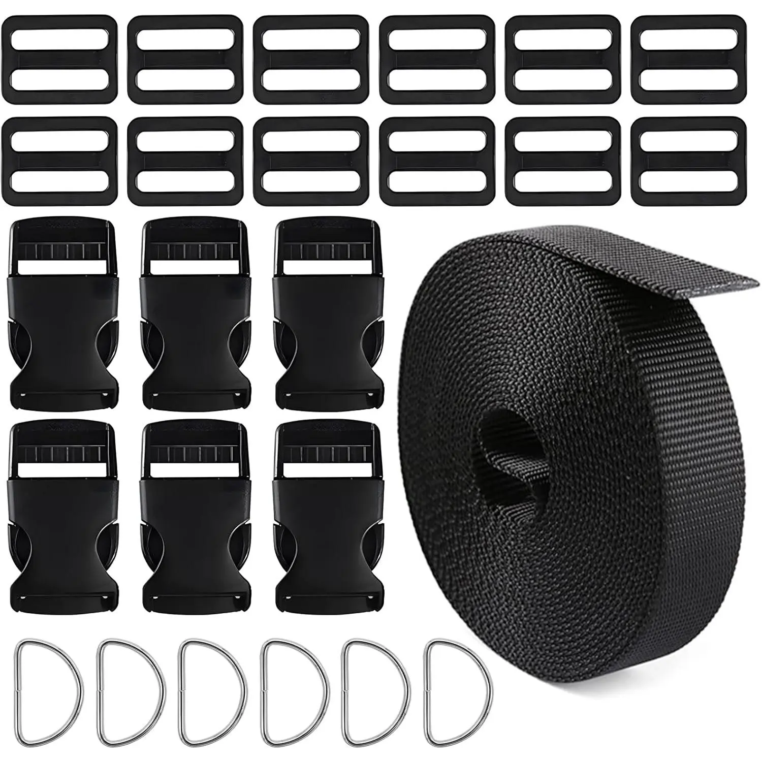 1 Inch Buckle, 6-Pack Heavy Duty Plastic Buckles, 12 count Tri-glide Slide Clips, 6 count Metal D Rings