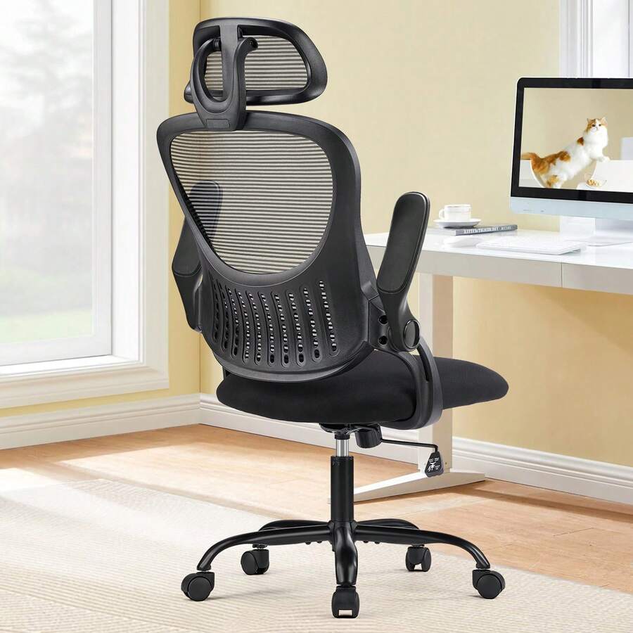 Ergonomic High Back Mesh Office Chair, Adjustable Headrest & Lumbar Support Computer Desk Chair with Flip-Up Arms, Rolling Swivel Chair for Home Office Bedroom Study