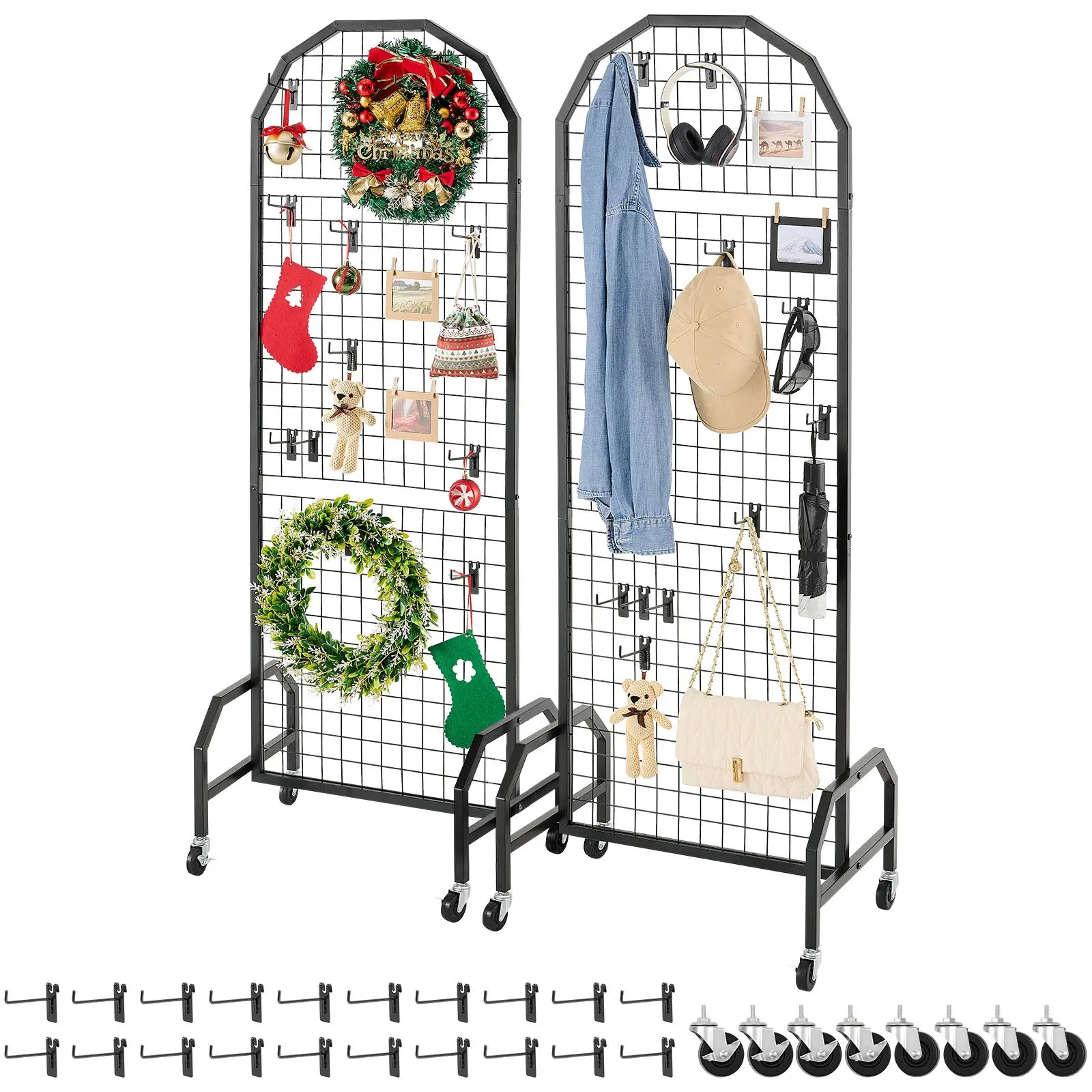 【DealsForYouDays】VEVOR 2 Packs Grid Wall Panels, 1.9x 5.4 ft Wire Grid Panels Display Rack, Movable Art Display Shelf with Wheels and 20 Hooks, Black Carbon Steel Gridwall for Craft Show, Decor, Storage, Notice Board