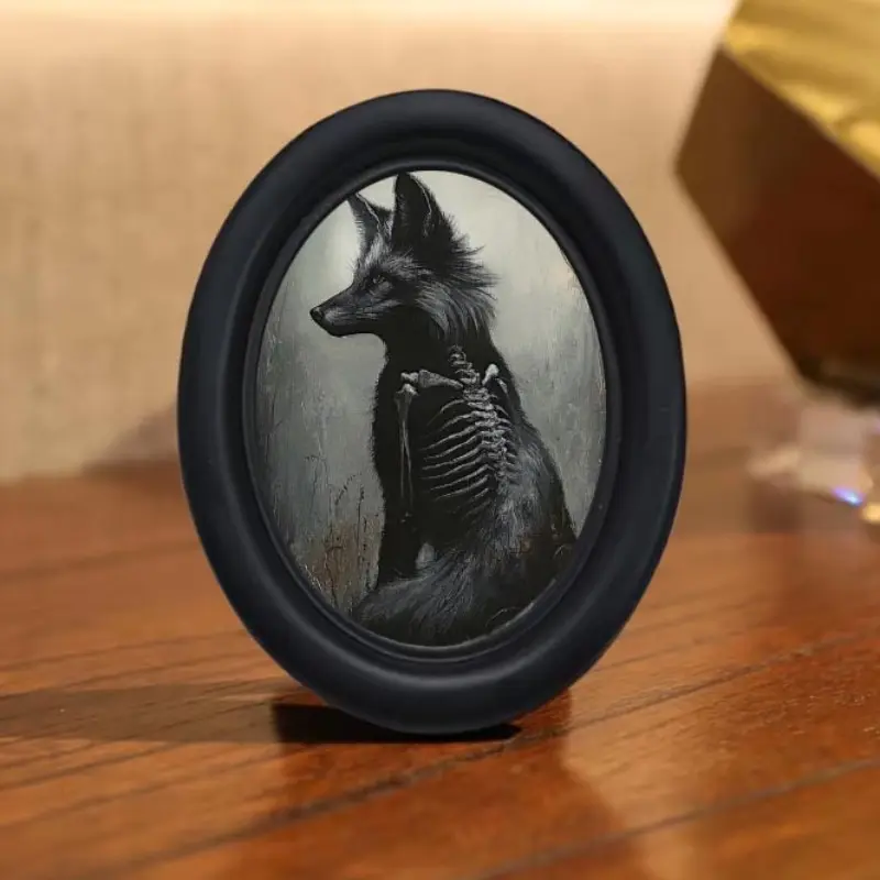 Fog Forest Half Skeleton Fox, Dark Retro Texture, Cold Mysterious Atmosphere, Oval Desktop Gothic Decoration
