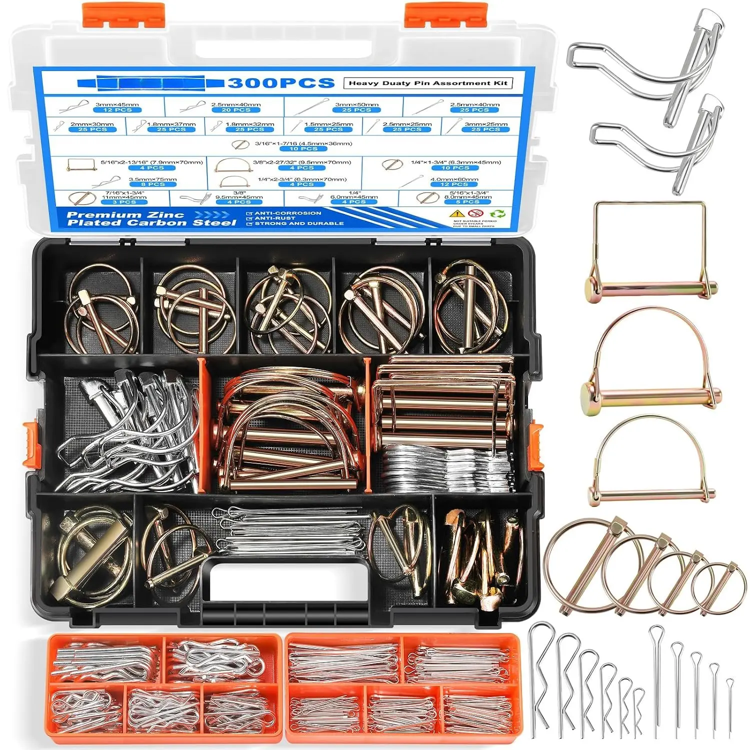 300 count Heavy Duty Pin  Kit, Tractor Linch Pins Hitch Pins PTO Pins R Clips Cotter Pins Hair Pins Square Pins for , , Lawn Mowers, Farm & Garden Equipment