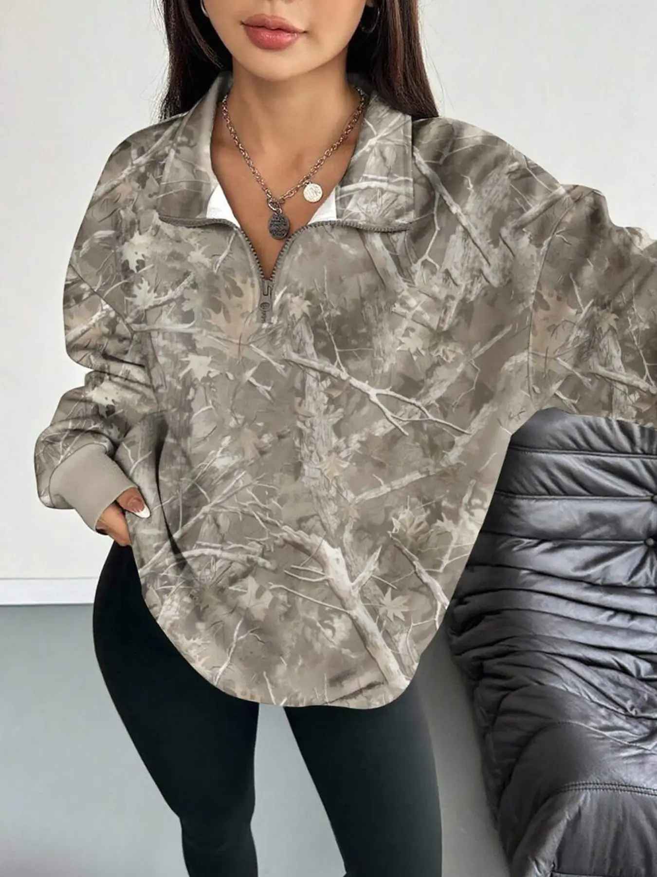 Women's Sweatshirt,Half-Zip Casual Sports Top,Leaf Pattern Grey Camo Digital Printing Loose-Fit Autumn/Winter Style Streetwear Travel