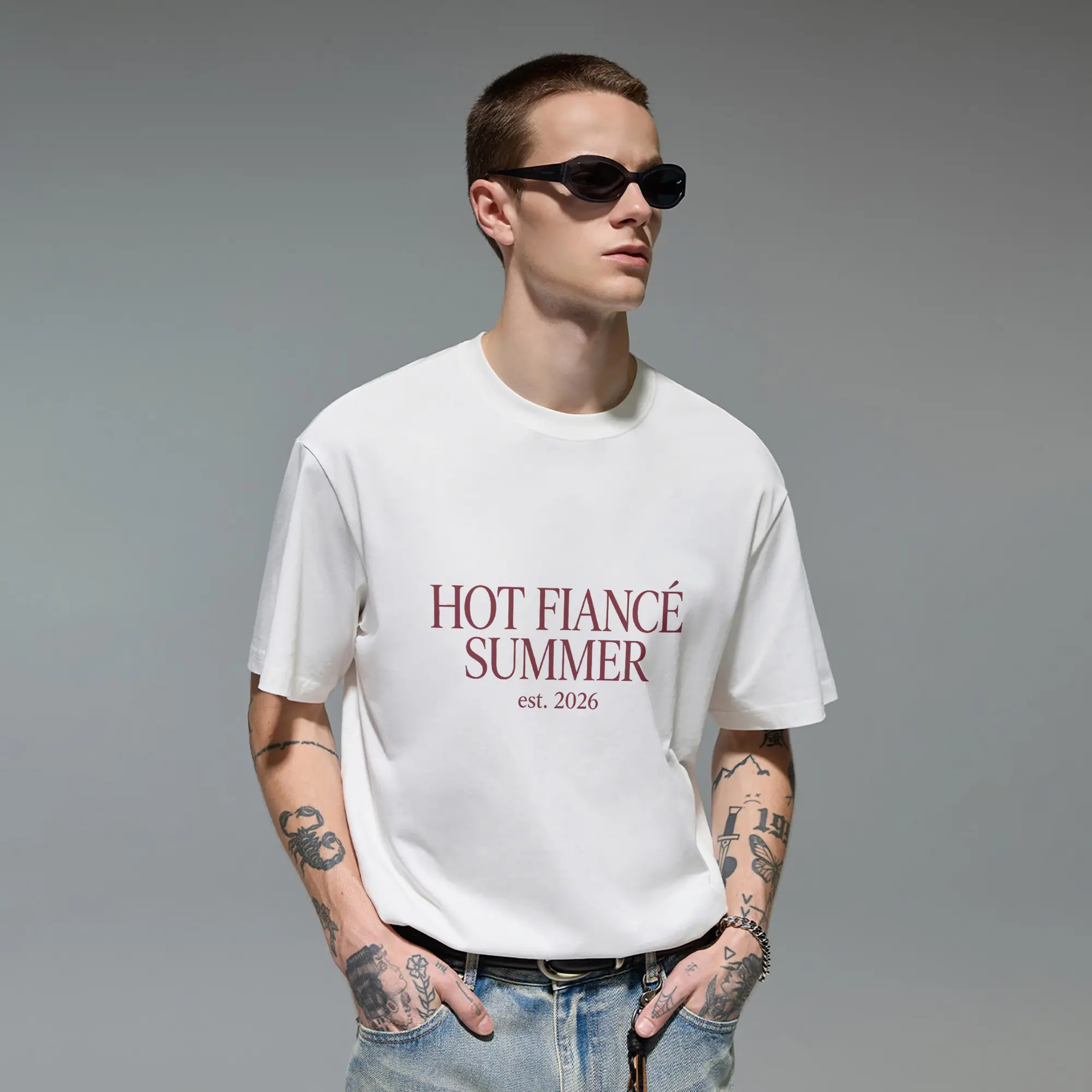 Hot Fiance Summer Est 2026 Bride To Be Wedding Original Oversized Cotton Graphic Tee T-Shirt for Men Gift Cutting Ideas Women Engagement Celebration Bachelorette Party Outfit Minimalist Old Money Aesthetic Casual Everyday Wear Trendy Apparel Top
