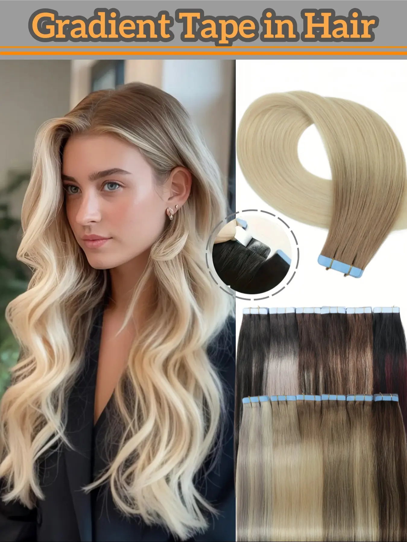 20pcs Gradient Tape-In Human Hair Extensions, Premium Real Hair, Lightweight, No Tools Needed, Ideal for Sparse Hair, Prom, Wedding, Travel, Daily Use