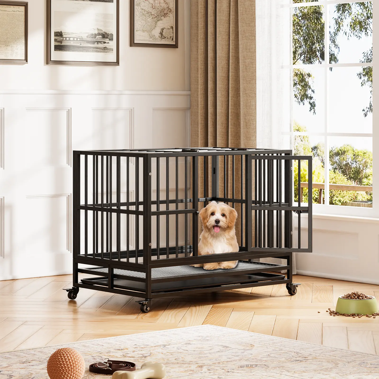 Heavy Duty Indestructible Steel Large Dog Crate, Escape-Proof Anxiety Resistant Kennel with Wheels & Removable Tray, Easy Assembly Indoor Metal Dog House for Big Breeds