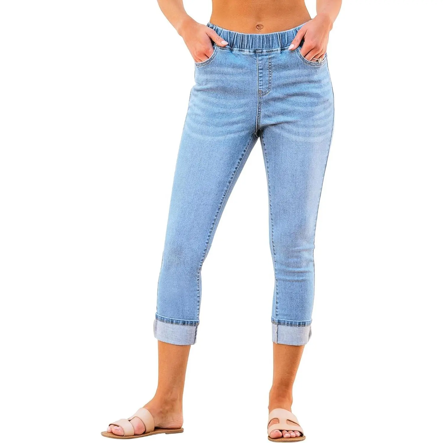 Women's High Waisted Pull-On Skinny Capri Jeans Stretch Denim Cropped Jeggings Pants(Gift)