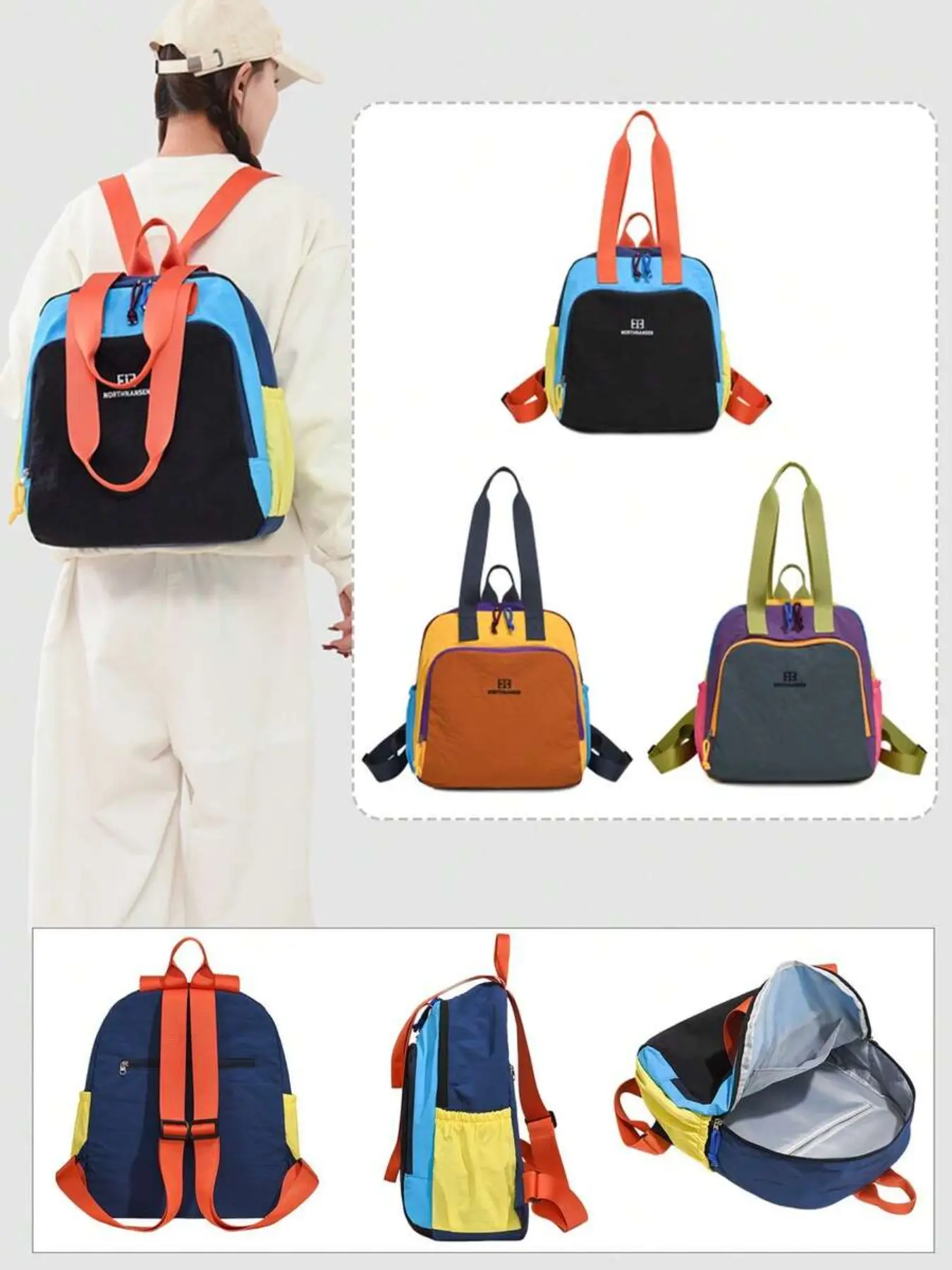 Color-block convertible tote backpack made of crinkled nylon, lightweight and water-resistant; a versatile casual backpack ideal for school, commuting and outdoor activities. Travel Backpacks