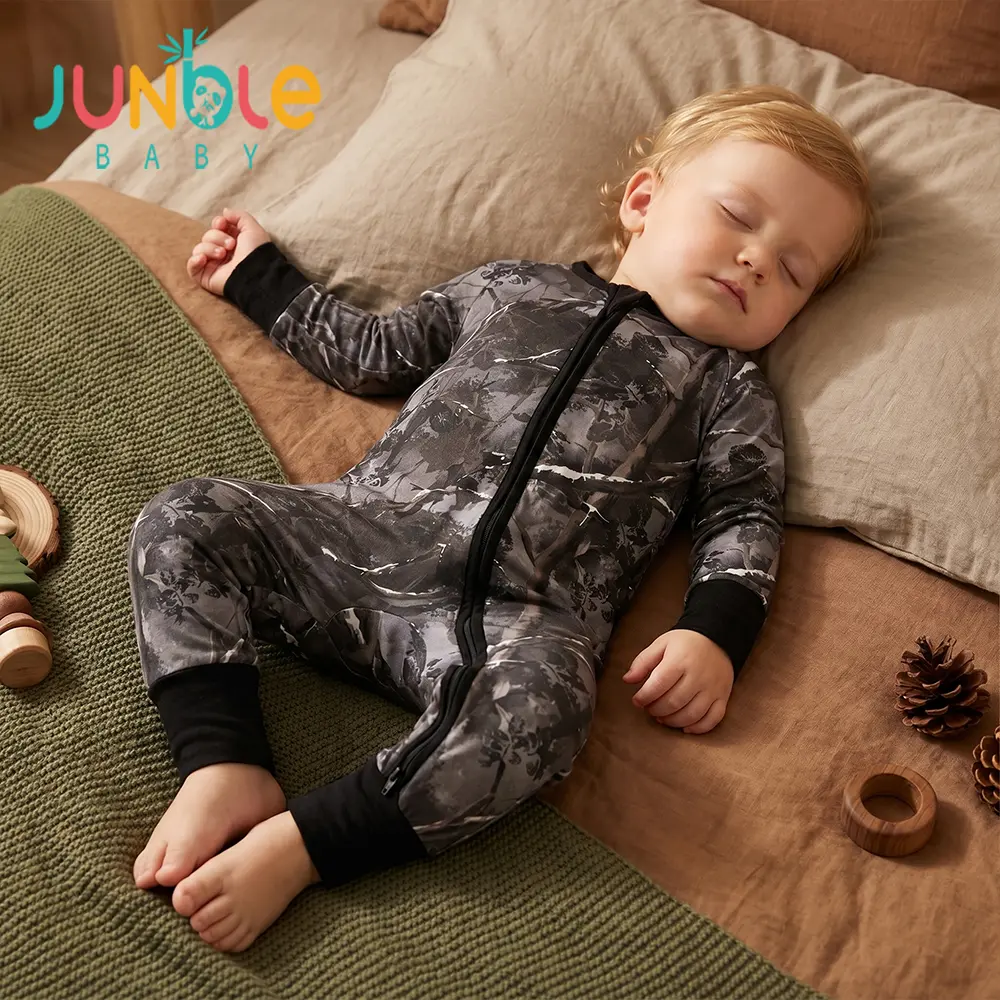 JUNBLEBABY Baby Boy Bamboo Romper, Nature Camouflage Print Bodysuit with 2-Way Zip, Convertible Mitten Cuffs and Footies, Streetwear Sleep & Play Pajamas 0-3T, One Size