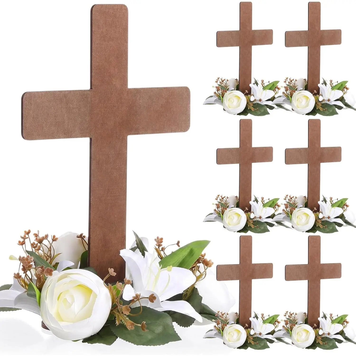 6 Sets Baptism Centerpieces Table Decorations First Communion Wooden Cross Ornament Set with Lily Candle Ring Wreath Purple Ribbon with Stands for Baptism Baby Shower Wedding (Dark Brown)