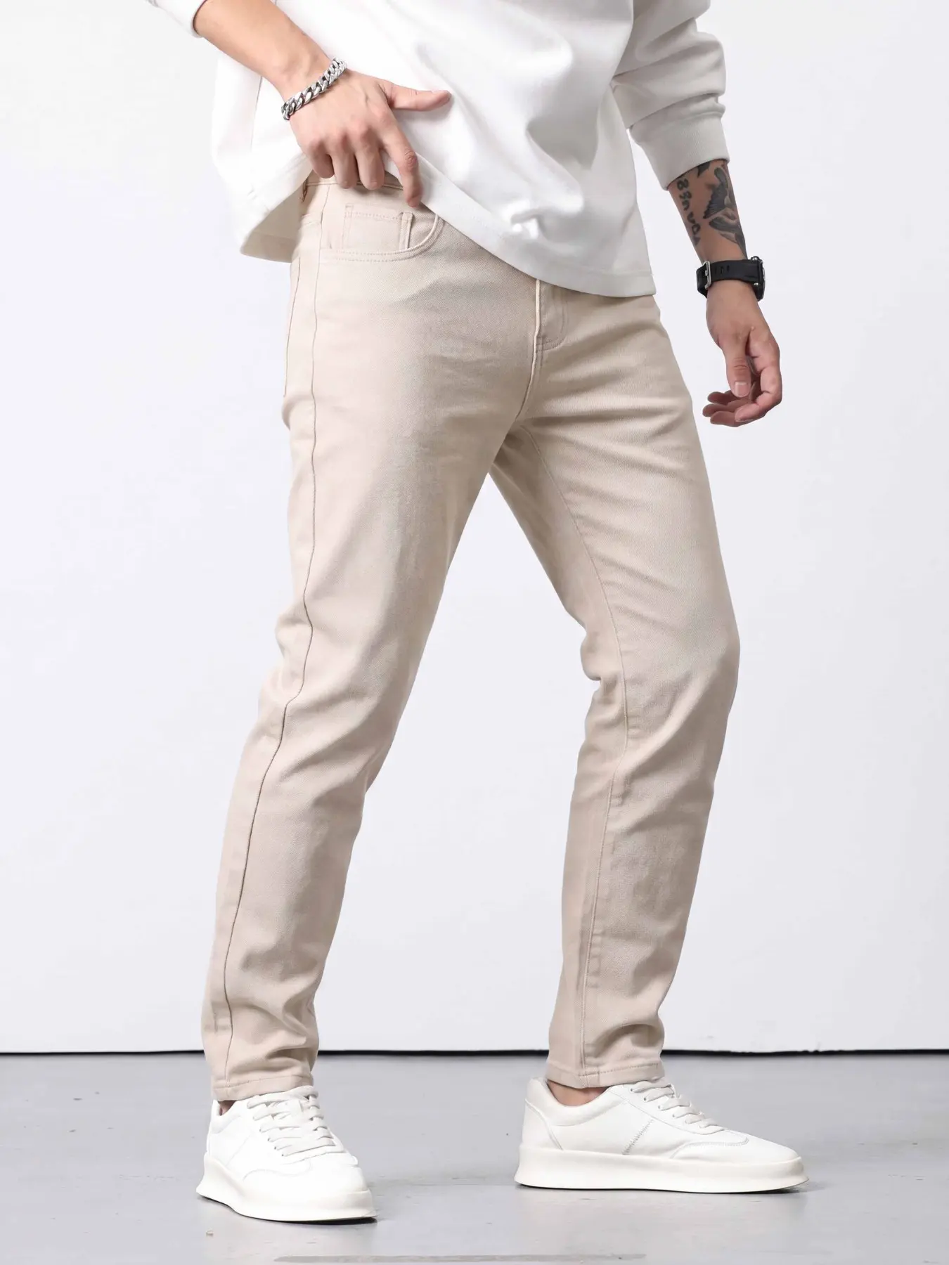 Men's Stretch Slim Fit Jeans, Simple Versatile Apricot Multi-Process Design, High-Quality Denim Fabric for Daily Wear