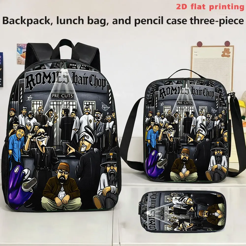 Durable Water Resistant 3-Piece Backpack Set for Teens, Lightweight School Bag with Lunch Box, Dark Gray Urban Street Barber Shop Chicano Character Group Lowrider Cartoon Graphic Print, Spacious 15in Laptop Backpack with Soft Padded Straps