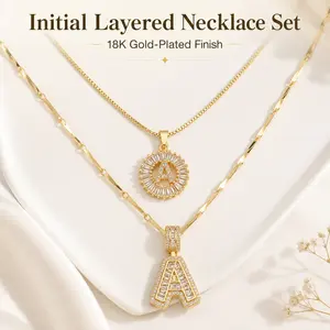 PolarEve 18K Gold-Plated Initial Layered Necklace, 2 Pack Trendy Gold Initial Necklace Set for Women and Girls, Letter Pendant with Adjustable Chain for Everyday Wear