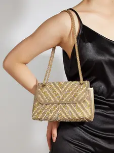 Luxurious Gold Beaded Shoulder Bag, Sparkly Rhinestone Evening Clutch, Elegant Champagne Sequin Purse with Gold Chain for Formal Events