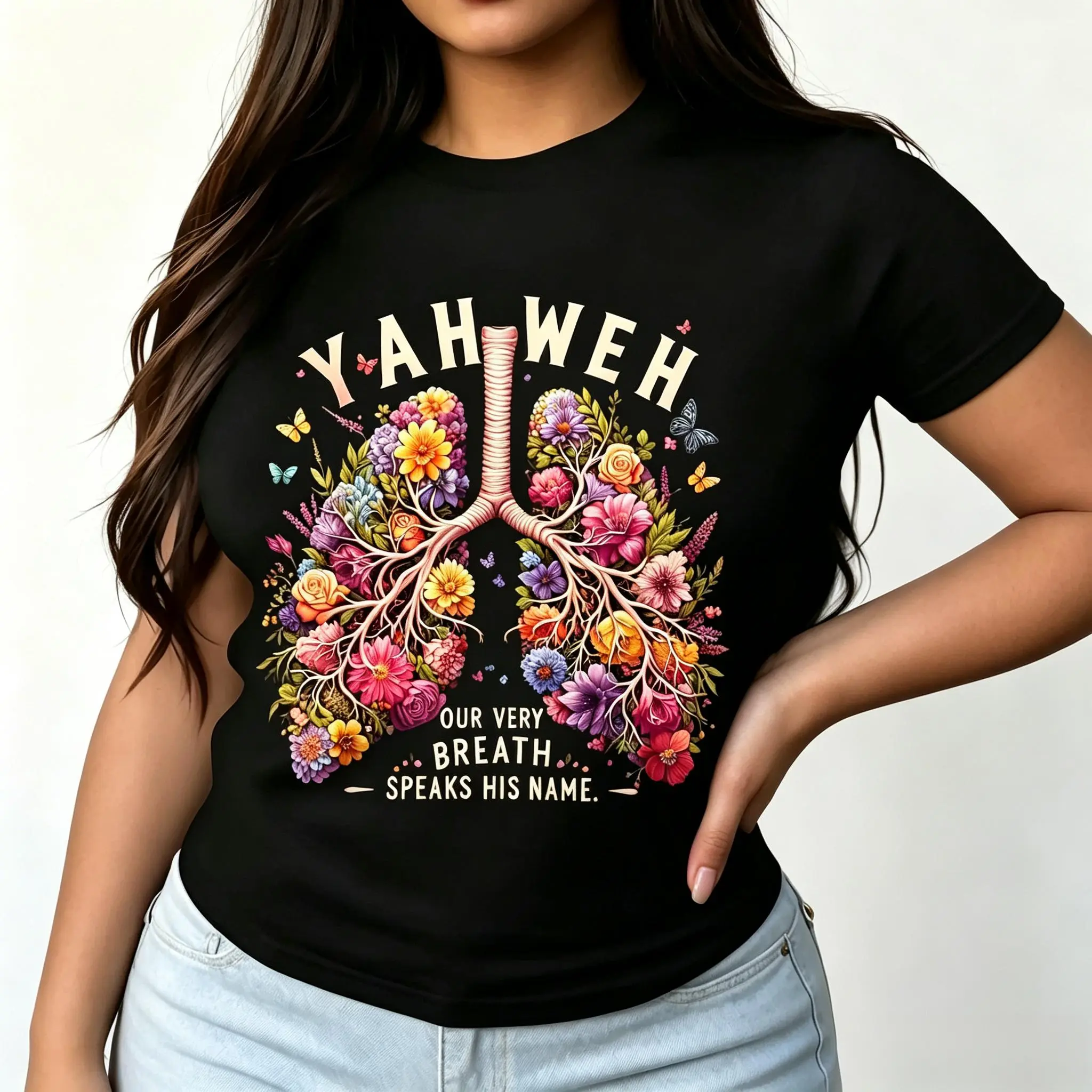 Women's Short-Sleeve Christian Faith Print Top - Yahweh Floral Lungs Graphic Tee, Round Neck Athletic Wear, Bible Quote, Streetwear, Valentine's Day & Easter Apparel