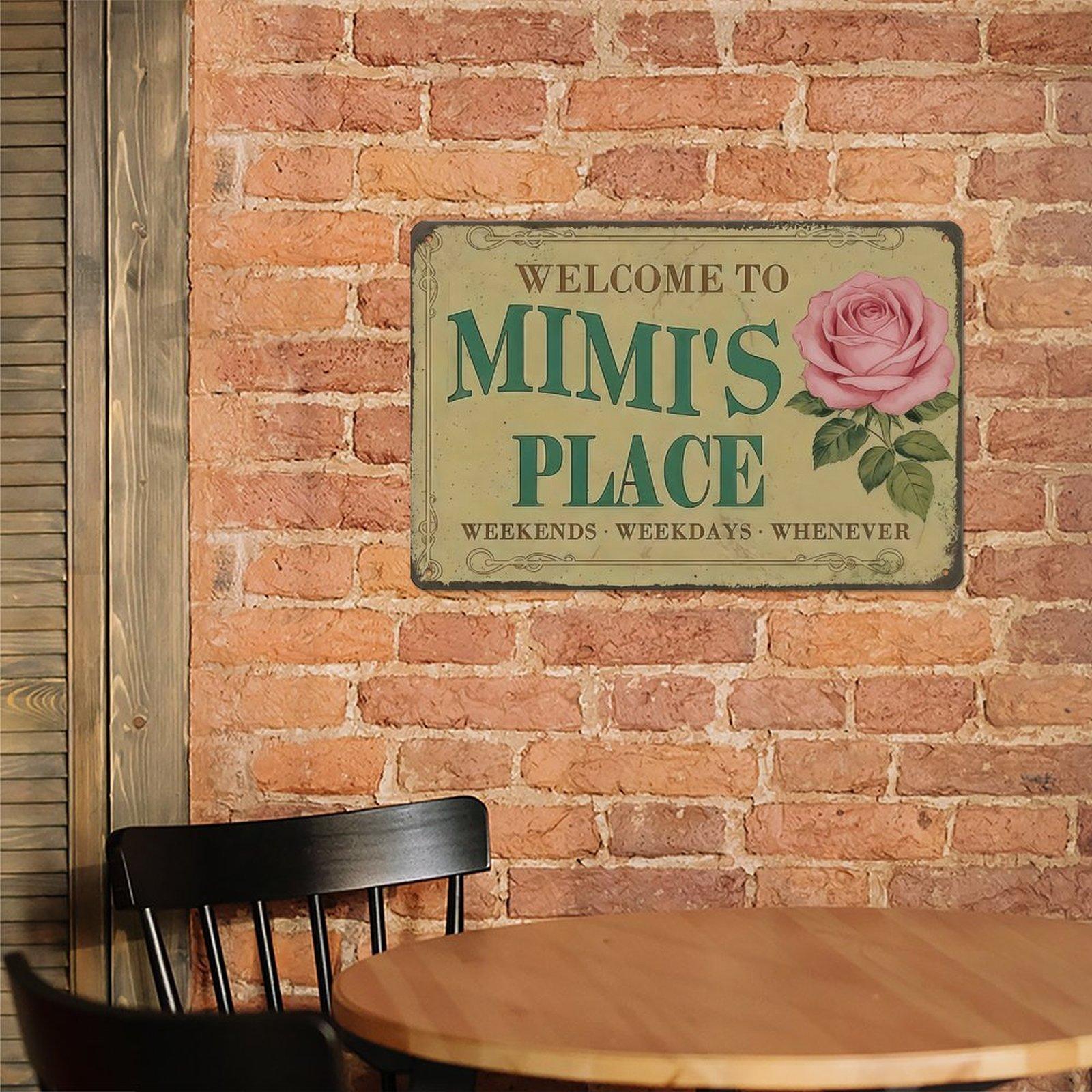 2D Flat, Metal Wall Art Sign Hanging Plaque - Mimi'S Place Rose Welcome Funny Wall Decor Retro Metal Sign Poster for Garage Man Cave Bathroom Bedroom Farm Inspirational Popular Wall Art 8x12 Inch Signs Posters