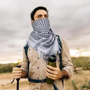 Unisex 100% Cotton Tactical Military Shemagh Scarf - 43x43in Square Keffiyeh, Fringed Edges, Breathable Scarf Head Wrap Turban, Men's Accessories, Accessories for Women, Mens Gifts, Outdoor Hiking Sun Protection (w/ How to Tie Guide)