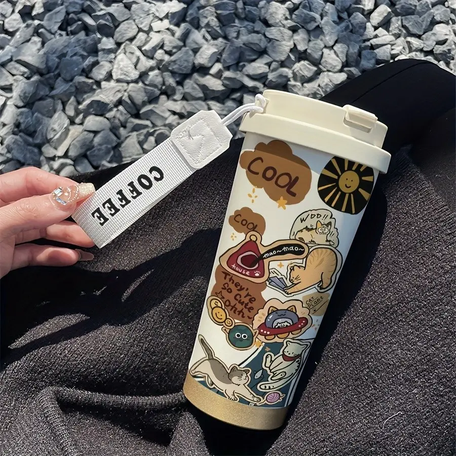 Animal Party Coffee Cup, 530ML Portable Insulated Tumbler with Straw and Lid, Stainless Steel Vacuum Travel Mug, Office & Outdoor Use, Gift Idea