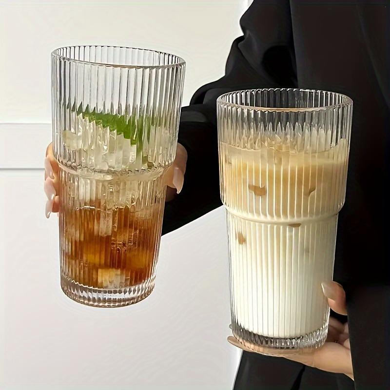 Large-Capacity Striped Glass Tumbler with Lid, Reusable Cold-Drink Cup for Juice or Coffee, Hand-Wash-Only Drinkware for Home, Office, Celebrations & Gift