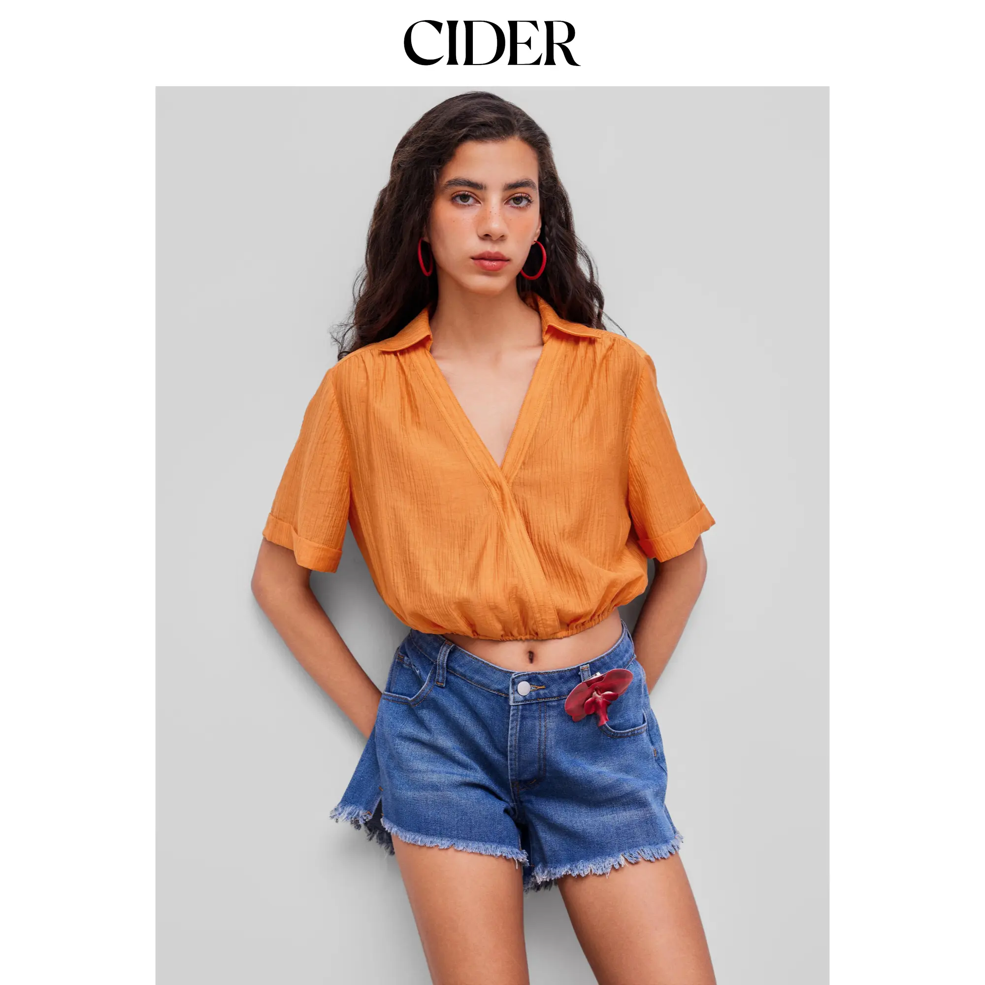 Cider [size 2-26] Collar Solid Wrap Crop Short Sleeve Shirt