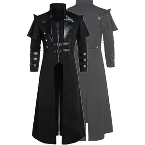 Men's Steampunk Gothic Long Trench Coat Jacket Double Breasted Zipper Punk Tops Cosplay Medieval Costume Black