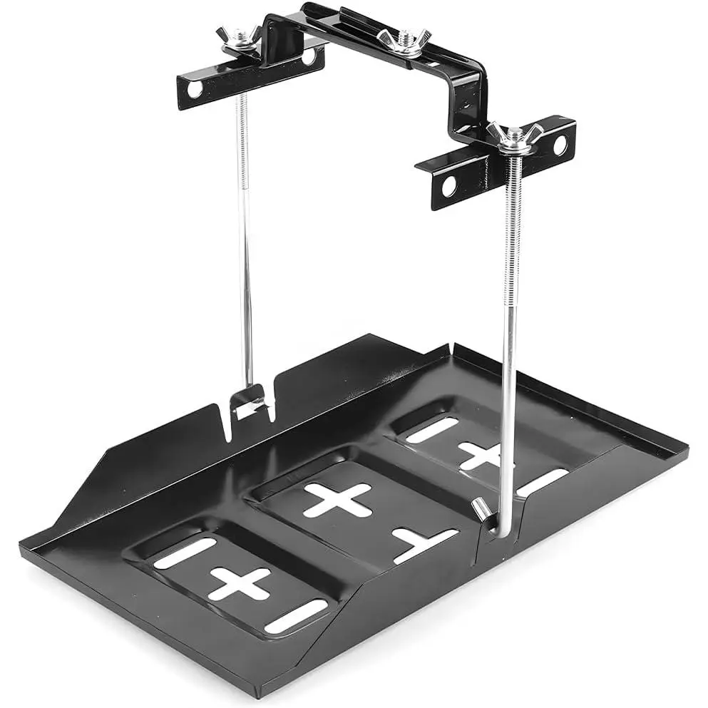 BESULEN Car Battery Hold Down Tray Kit, Adjustable Corrosion-Resistant Vehicle Storage Battery Holder with Bracket Clamp, Automotive Accessories, Universal for SUV RV Truck (11.22 x 9.06 inches)